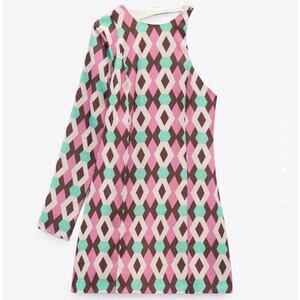 Zara One Shoulder Geometric Print Size Large Satin Effect Long Sleeve EUC Dress